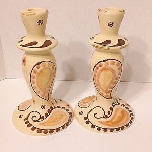 Anthropologie Candle Holders Italy Handpainted Paisley Italian Mantle 2Pc